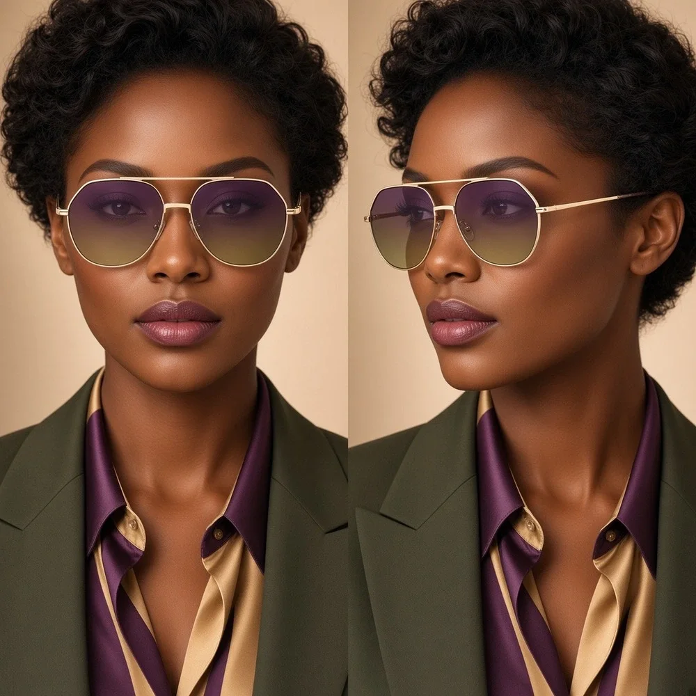 Women Gold Hexagonal Sunglasses Purple Mirror Lens Geometric Frame Sophisticated